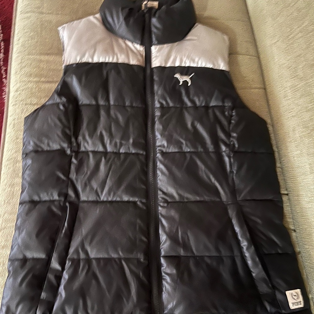 Victoria's Secret Black and White Quilted Puffer Vest with Dog Logo